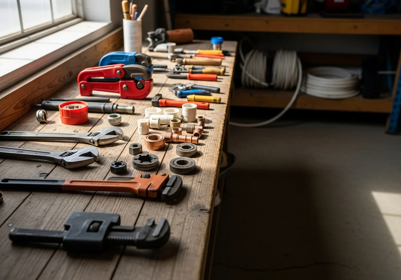 Plumbing tools and equipment arranged on a work surface, representing the trade expertise and service readiness of a professional plumbing team.