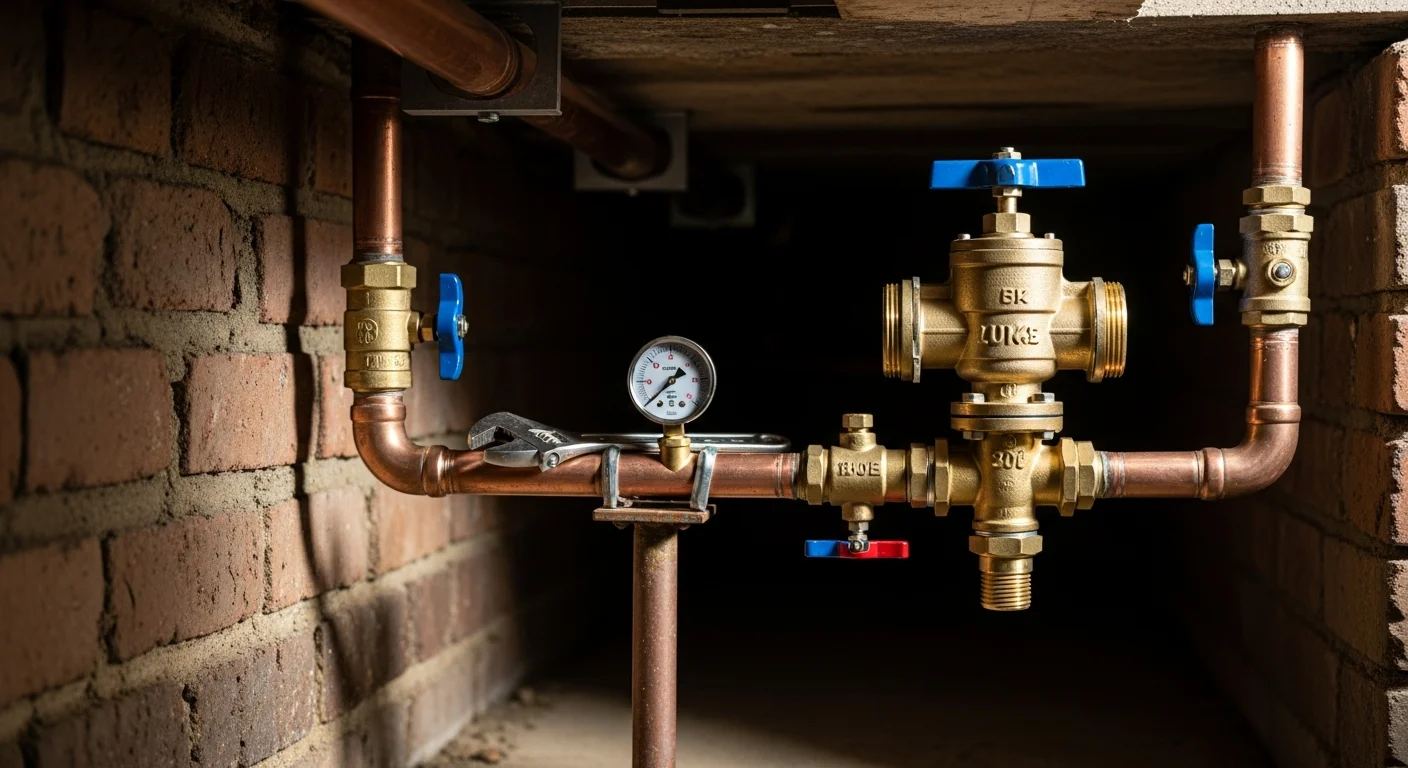 A corrosion-resistant backflow preventer device fitted to a copper supply pipe in a Manchester residential property. The device is mounted in an accessible position on the pipework inside a utility room.