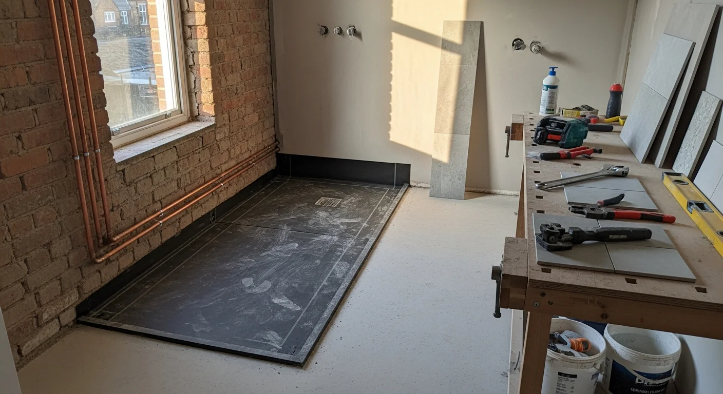 A fully remodeled bathroom in a Manchester Victorian terraced house, showing new floor-to-ceiling wall tiles, an updated suite, and a frameless walk-in shower with a linear drain. The finished space reflects a complete strip-out and refit carried out by United Plumbers LLP.