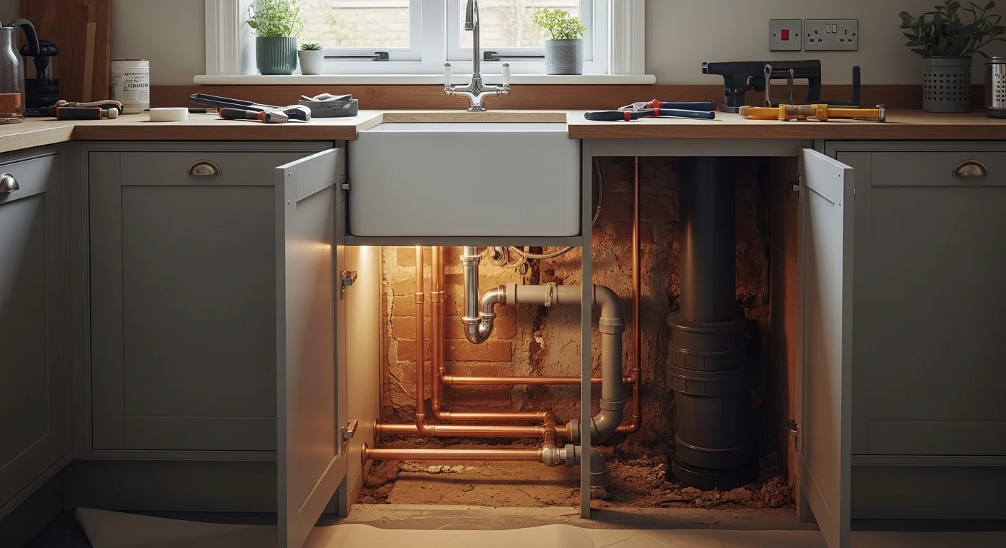 A newly installed kitchen drain and waste pipe connection beneath a kitchen sink in a Manchester terraced house, with clean pipework running to the soil stack. The surrounding cabinetry and flooring remain intact after the drain installation work.