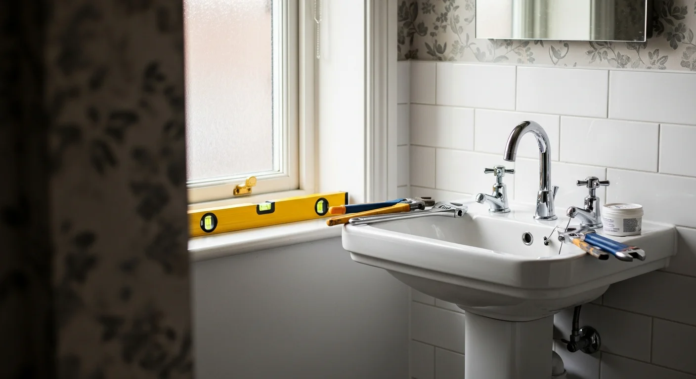 A newly installed bathroom suite in a Manchester terraced home, showing a wall-mounted basin, close-coupled toilet, and shower enclosure with clean silicone seals and finished pipework. The compact layout reflects a typical Victorian terrace bathroom remodel completed by United Plumbers LLP.