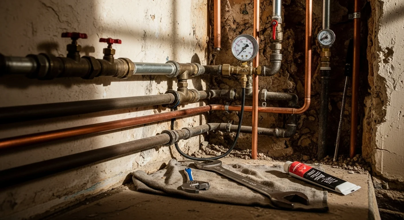 A Gas Safe registered engineer inspecting an exposed gas pipe run beneath the floorboards of a Victorian terraced property in Manchester. The engineer is using a pressure gauge to test the line after completing a repair to a corroded joint.