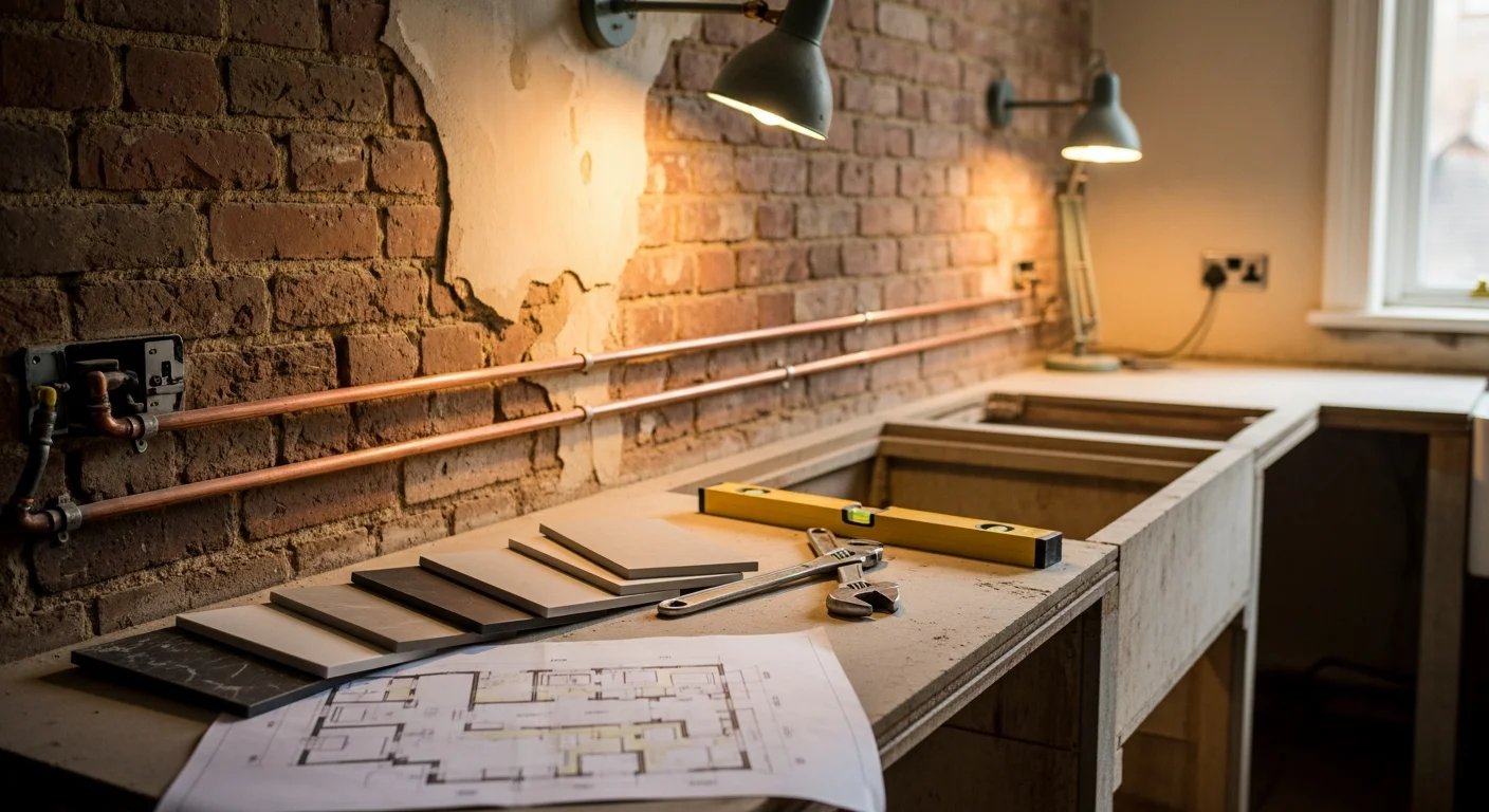 A remodeled kitchen in a Manchester terraced house showing fitted cabinetry, updated worktops, and a clean open layout. United Plumbers LLP kitchen remodeling work in a residential Manchester property.