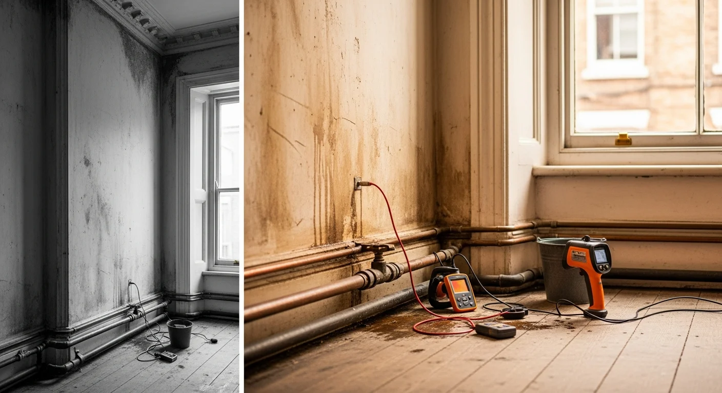 A United Plumbers LLP engineer using acoustic leak detection equipment on the ground floor of a Victorian terraced property in Manchester. A small damp patch is visible on the skirting board beside an exposed section of copper supply pipe.