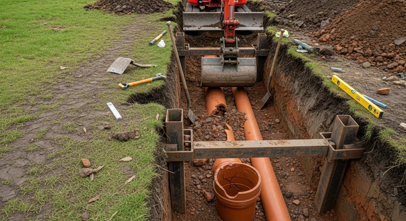 An open excavation trench in a Manchester residential property showing a removed section of old clay sewer pipe and freshly laid replacement pipe bedded in compacted sand. The surrounding clay soil and reinstated surface edge are visible at ground level.