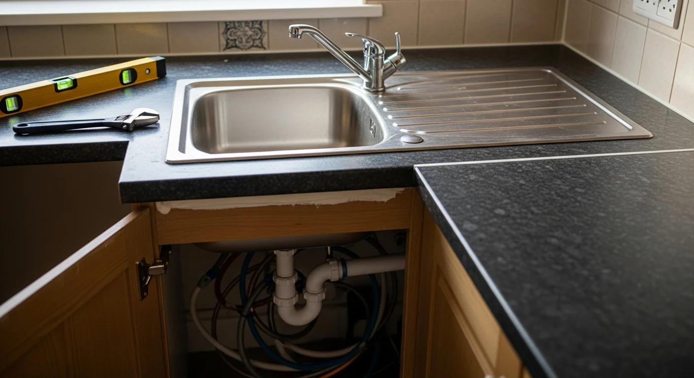 A newly installed kitchen sink fitted into a worktop in a Manchester home, with clean supply line connections and a waste trap visible below. The sink basin is sealed flush to the countertop as part of a kitchen remodel.