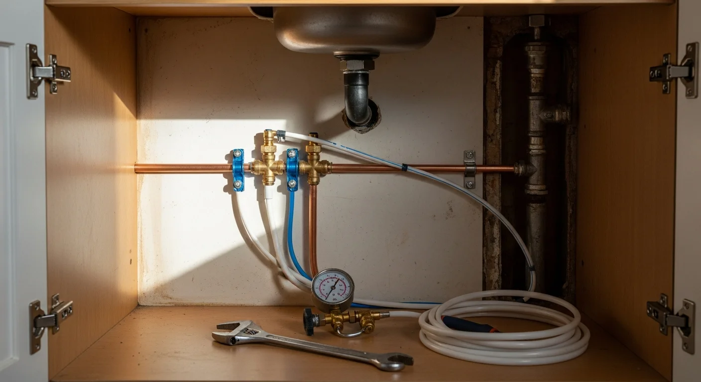 A plumber fitting new hot and cold supply lines beneath a kitchen sink inside a Manchester terraced home during a kitchen remodel. Copper pipework connects to isolation valves with clean, visible fittings inside an open base cabinet.