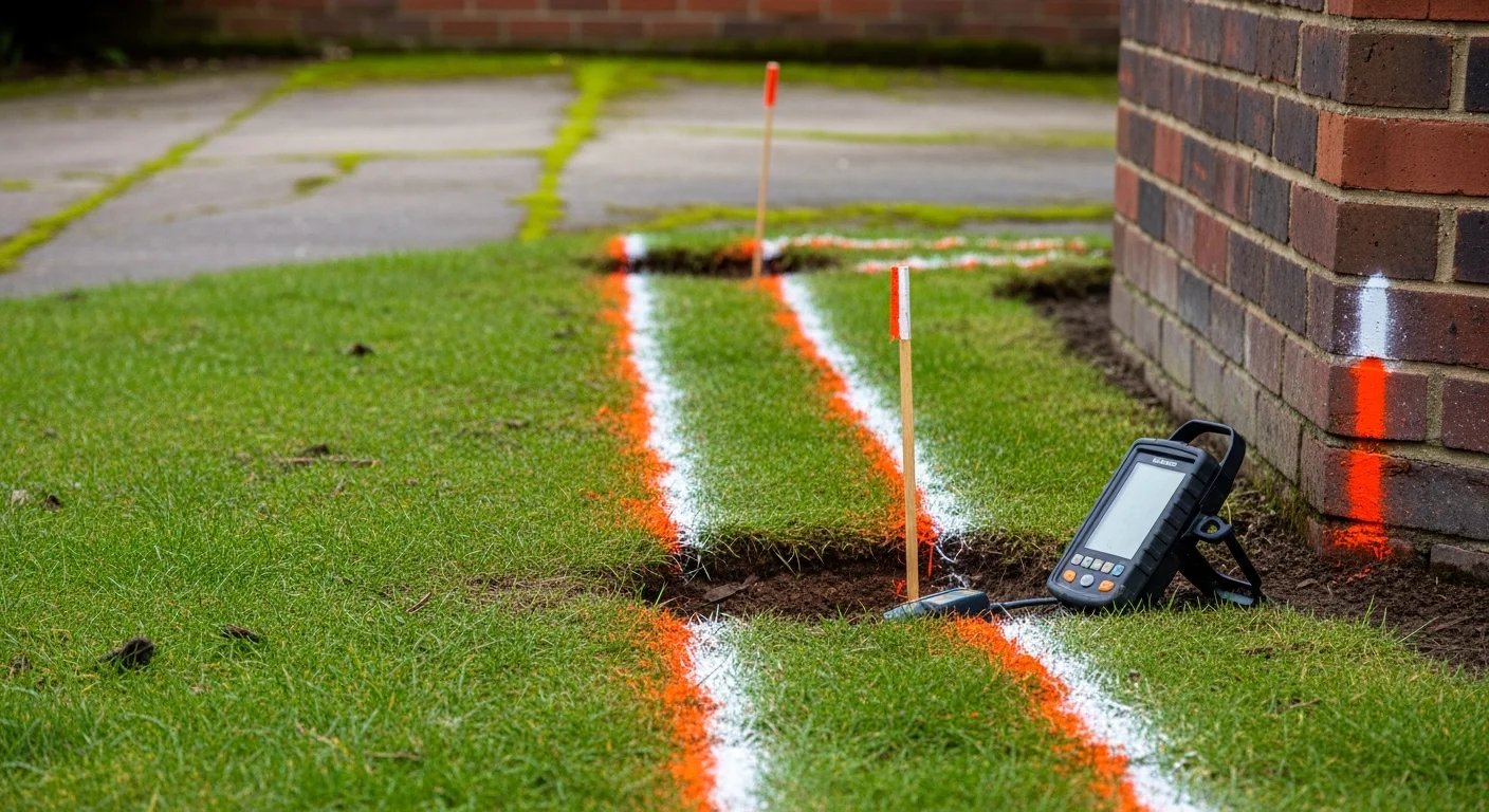 A United Plumbers LLP technician using electronic locating equipment to trace an underground sewer line at a residential property in Manchester. Marker flags indicate the mapped pipe route across a front yard ahead of excavation work.