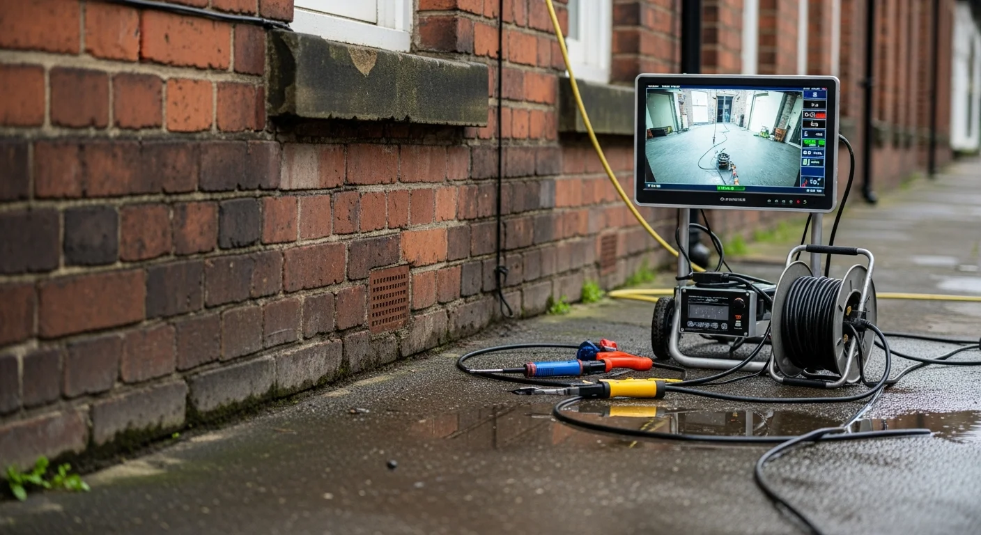 A plumber from United Plumbers LLP feeding a waterproof inspection camera into a sewer cleanout access point at a Victorian terraced property in Manchester. A monitor on the ground displays live footage of the interior pipe condition.