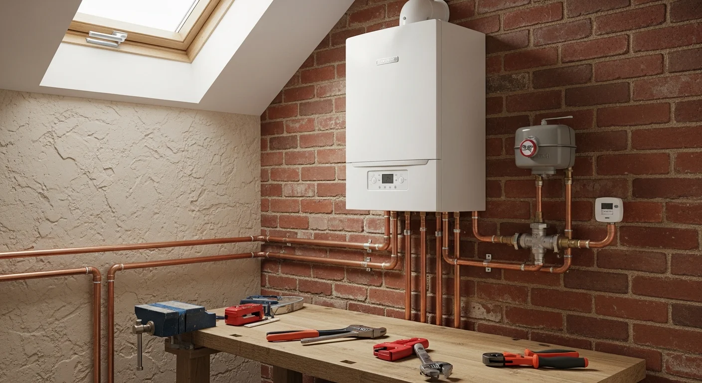 A plumber from United Plumbers LLP inspecting a wall-mounted water heater unit in a Manchester residential property utility room. The image shows pipework connections and a pressure relief valve on a recently installed tank water heater.