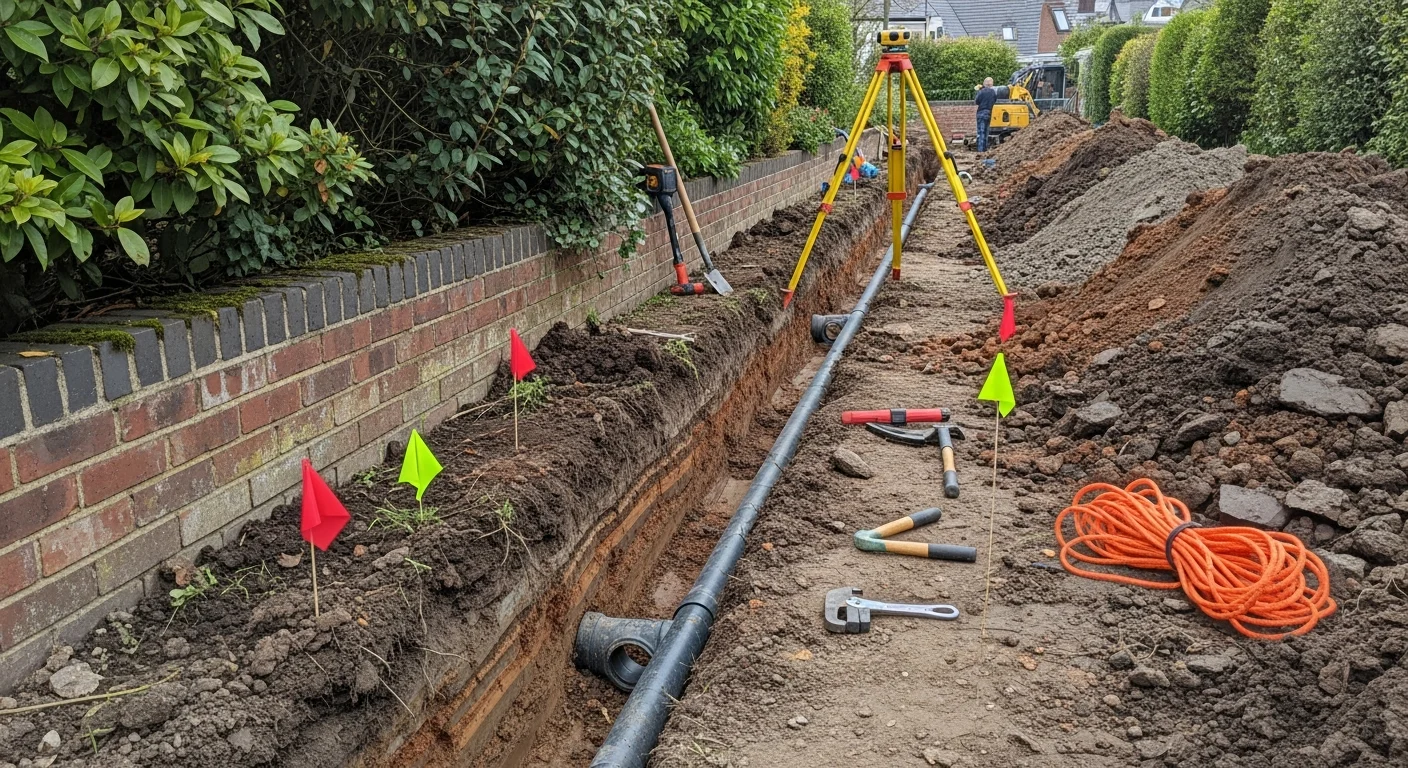 An open trench in a Manchester residential front garden exposing a damaged underground water supply pipe for repair. A plumber in work gear inspects the exposed pipe line before restoration work begins.