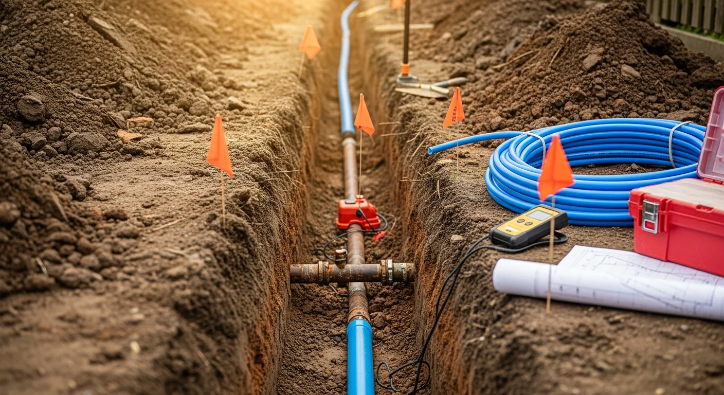 A newly installed water service line running from the street connection to a Manchester terraced property, with reinstated ground surface alongside the trench route. A plumber from United Plumbers LLP inspects the connection point at the property boundary.